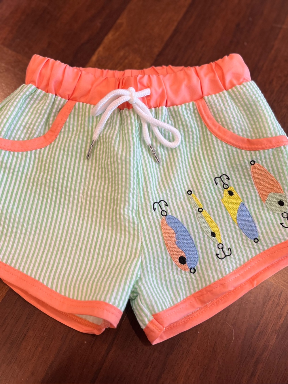 Kids Coral-Trim Green Stripe Swim Trunks with Fishing Lure Embroidery